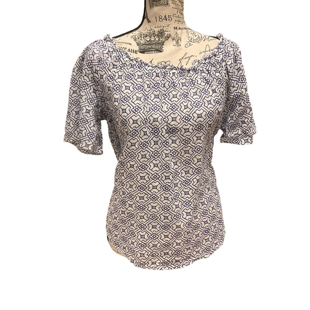 Velvet Blue White Geometric Ruffle Neck Top Blouse Women’s Small
